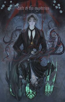 2boys ajsaart amon_(lord_of_the_mysteries) arched_window black_coat black_eyes black_gloves black_hair black_necktie black_vest black_wings castle chain coat collared_shirt copyright_name dripping eyeball feathered_wings full_body gloves glowing grin hand_puppet hand_up highres klein_moretti looking_at_viewer lord_of_the_mysteries male_focus multiple_boys multiple_views necktie pocket_watch puppet shirt short_hair single_wing sitting smile smoke solo statue too_many_eyes vest watch white_shirt window wings