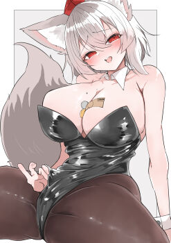 1girl absurdres alternate_costume animal_ears banknote black_leotard blush breasts brown_pantyhose coin commentary_request cowboy_shot detached_collar hat head_tilt highres inubashiri_momiji large_breasts leotard leotard_pull looking_at_viewer mole mole_on_breast money open_mouth pantyhose red_eyes red_hat regua short_hair sitting smile solo strapless strapless_leotard tail tokin_hat touhou tucked_money white_background white_hair wolf_ears wolf_girl wolf_tail