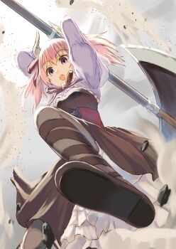 1girl attack axe battle_axe bloomers breasts commentary_request convenient_censoring demon_girl demon_horns highres holding holding_axe horns inugami86 linie_(sousou_no_frieren) medium_hair open_mouth pink_hair ribbon small_breasts solo sousou_no_frieren teeth twintails underwear upper_teeth_only weapon white_bloomers