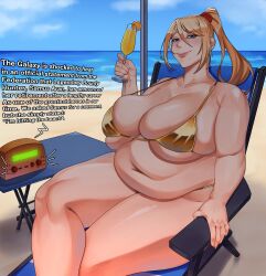 1girl absurdres beach beach_chair beach_umbrella belly bikini blonde_hair blue_eyes breasts cleavage cocktail cocktail_glass crossed_legs cup drink drinking_glass english_text fat fat_woman food fruit gold_bikini hair_tie highres holding holding_drink huge_breasts lips long_hair metroid mole mole_under_mouth navel nintendo ocean orange_(fruit) orange_slice outdoors plump ponytail radio samus_aran sitting sky smile smug solo strongmoist swimsuit thick_thighs thighs umbrella