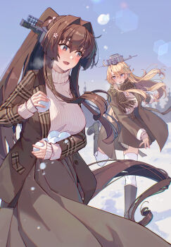 2girls alternate_costume black_boots blonde_hair blue_eyes blush boots breasts brown_coat brown_eyes brown_hair brown_skirt cherry_blossoms coat commentary_request flower hair_between_eyes hair_flower hair_ornament headgear highres himeyamato holding holding_snowball iowa_(kancolle) kantai_collection large_breasts long_hair looking_at_another multiple_girls open_mouth pink_sweater ponytail scarf skirt smile snowball snowball_fight star-shaped_pupils star_(symbol) sweater symbol-shaped_pupils thighhighs throwing very_long_hair white_thighhighs yamato_(kancolle)
