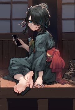 1girl barefoot black_hair black_kimono black_nails blue_eyes boots braid cellphone commentary english_commentary feet foot_focus hair_ornament hair_over_one_eye highres holding holding_phone indie_virtual_youtuber japan japanese_clothes jewelry k-rha&#039;s kimono kobapoko looking_down nail_polish obi outdoors pale_skin phone ring sash shadow shoes short_hair single_braid sitting smartphone soles solo stuffed_toy toenail_polish toenails toes unworn_shoes virtual_youtuber yokozuwari yukata