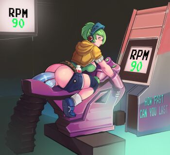 1girl alternate_costume anal anal_object_insertion anus arcade_(league_of_legends) arcade_cabinet arcade_riven ass bdsm blue_eyes blue_shoes blush bondage bound bound_arms breasts cleavage clothes_pull cropped_jacket dildo double_penetration english_text female_focus from_behind full_body green_hair headphones hood hood_down hooded_jacket indoors jacket knee_pads league_of_legends leaning_forward looking_at_viewer looking_back machine medium_breasts multiple_insertions multiple_penetration object_insertion pants pants_pull pixelated pussy restrained riding riven_(league_of_legends) sex_machine sex_toy shoe_soles shoes short_hair short_sleeves shorts shorts_pull simple_background sneakers solo star_(symbol) stationary_restraints strapless sweat text_focus tube_top tumtumisu uncensored vaginal vaginal_object_insertion white_legwear yellow_jacket
