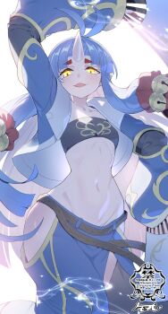 1girl arm_up bell black_tube_top blue_hair blue_jacket blue_pants clothing_cutout commentary_request commission cowboy_shot fang flat_chest highres hip_vent horns jacket jingle_bell long_hair long_sleeves looking_at_viewer matsumoto_tomoyohi navel oni open_clothes open_jacket open_mouth pants parted_bangs pear-shaped_figure single_horn smile solo stomach strapless super_robot_wars super_robot_wars_og_saga_mugen_no_frontier suzuka_hime tube_top wide_hips yellow_eyes