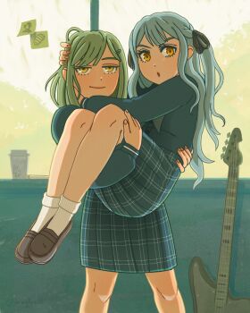 2girls backlighting bang_dream! bang_dream!_it&#039;s_mygo!!!!! bass_guitar black_ribbon black_shoes blue_shirt carrying clinging cup disposable_coffee_cup disposable_cup drumsticks flustered full_body green_hair grey_neckerchief hair_ornament hair_ribbon hairclip highres indoors instrument loafers long_hair longfusilli multiple_girls neckerchief plaid_clothes plaid_skirt princess_carry ribbon school_uniform shirt shoes sidelocks skirt smug sticky_note togawa_sakiko tsukinomori_school_uniform two_side_up wakaba_mutsumi yellow_eyes