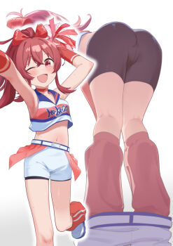 1girl ;d armpits arms_up ass bike_shorts bike_shorts_under_shorts blush bow breasts cheerleader clothes_pull commentary_request cropped_shirt crossed_bangs flipped_hair hair_bow hair_ornament idolmaster idolmaster_shiny_colors komiya_kaho kumanomi looking_at_viewer loose_socks midriff multiple_views navel one_eye_closed open_mouth orange_socks pom_pom_(cheerleading) pom_pom_(clothes) pom_pom_hair_ornament ponytail red_bow red_eyes red_hair shirt shorts shorts_pull sleeveless sleeveless_shirt small_breasts smile socks standing standing_on_one_leg sweat white_shorts