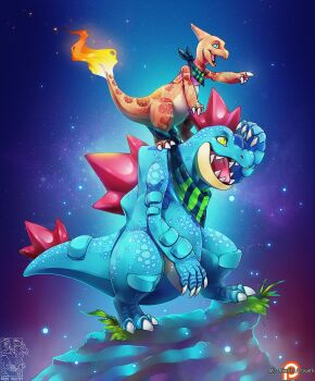 bandana bandana_around_neck charmeleon claws commission feraligatr fire flame-tipped_tail full_body gen_1_pokemon gen_2_pokemon highres miss-yazriel nintendo no_humans open_mouth outstretched_arm patreon_username pointing pointing_forward pokemon pokemon_(creature) second-party_source sharp_teeth signature star_(sky) tail teeth yellow_eyes