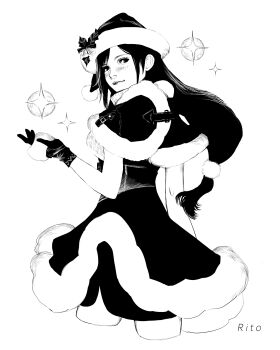 1girl artist_name black_hair blush capelet christmas closed_mouth commentary_request cowboy_shot cropped_legs final_fantasy final_fantasy_vii final_fantasy_vii:_ever_crisis from_behind fur-trimmed_capelet fur-trimmed_gloves fur-trimmed_headwear fur-trimmed_skirt fur_trim gloves greyscale hair_ornament hat hat_ornament highres holly_hat_ornament long_hair looking_at_viewer looking_back low-tied_long_hair monochrome official_alternate_costume open_hand pom_pom_(clothes) pom_pom_hair_ornament santa_costume santa_hat simple_background skirt solo sparkle tifa_lockhart tifa_lockhart_(fairy_of_the_holy_flame) tori_(labyrinth_fft) white_background