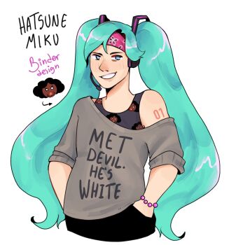 1girl :d aegyo_sal aqua_hair blue_eyes bracelet character_name character_print chest_binder commentary cowboy_shot curtained_hair english_commentary english_text goodforwho grey_sweater grin hairband hamilton_(musical) hand_in_pocket hands_in_pockets hatsune_miku headset highres jewelry looking_to_the_side off_shoulder open_mouth parody print_sweater smile solo sweater thomas_jefferson twintails vocaloid