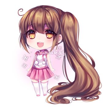 1girl :3 absurdly_long_hair arms_at_sides artist_name bare_arms bare_shoulders blush breasts brown_hair chibi chibi_only commentary cowlick double-parted_bangs drawstring english_commentary eyes_visible_through_hair floral_background full_body hair_between_eyes high_side_ponytail highres hood hood_down hoodie long_hair looking_at_viewer miniskirt original outline pink_background pink_hood pink_shoes pink_skirt pink_trim pleated_skirt pom_pom_(clothes) sasu_(sasucchi95) sasucchi95 shoes side_ponytail simple_background skirt sleeveless sleeveless_hoodie small_breasts solo standing tareme teeth thighhighs tongue two-tone_background upper_teeth_only very_long_hair white_background white_hoodie white_outline white_thighhighs zettai_ryouiki