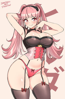 1girl armpits arms_up artist_name black_hairband blunt_bangs blush breasts cleavage closed_mouth clothing_cutout collarbone eyebrows_hidden_by_hair fire_emblem fire_emblem:_three_houses hairband highleg highleg_panties highres hilda_valentine_goneril hilda_valentine_goneril_(timeskip) jarckius large_breasts lingerie long_hair looking_at_viewer navel nintendo panties pink_eyes pink_hair pink_nails red_panties shiny_skin skindentation sleeveless smile solo standing thighhighs thighs twintails underwear very_long_hair