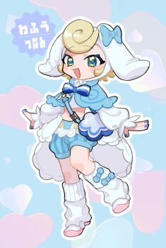 1girl :d animal_ears animal_hat blonde_hair blue_bag blue_eyes blue_nails blue_shawl bow character_hat cinnamoroll cinnamoroll_(cosplay) commentary cosplay crop_top dog_ears frilled_cuffs frilled_shawl frilled_skirt frills full_body hat kiriko_(overwatch) leg_warmers open_mouth overwatch sanrio shawl shorts simple_background skirt smile solo star-shaped_bag translation_request tsunami_(hagoromo27) white_leg_warmers