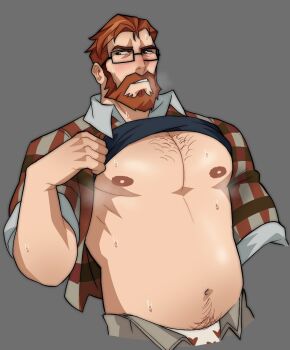 1boy alex_eggleston averting_eyes bara bare_pectorals beard belly black-framed_eyewear blush breath clothes_lift cropped_legs cropped_torso facial_hair full_beard glasses heart heart_print highres large_pectorals male_focus male_underwear male_underwear_peek mature_male muscular muscular_male navel navel_hair nipples open_clothes open_fly open_shirt orange_hair pants pectorals plaid_clothes plaid_shirt print_male_underwear revealyoursins shirt shirt_lift sleeves_rolled_up solo stomach sweat thick_beard thick_eyebrows tsurime underwear very_sweaty white_male_underwear yiik:_a_postmodern_rpg