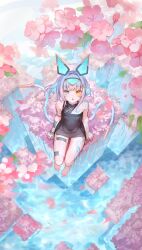 Rule 34 | 1girl, ahoge, arm tattoo, bare shoulders, black dress, blue eyes, blue hair, blue nails, cherry blossoms, commission, dress, facial tattoo, headgear, heterochromia, highres, indie virtual youtuber, looking at viewer, magatama, nabana saute, parted lips, sayu sincronisity, sayu sincronisity (1st costume), short dress, short hair, sitting, skeb commission, solo, tattoo, virtual youtuber, yellow eyes