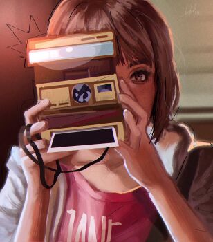1girl brown_eyes brown_hair camera democross grey_hoodie highres holding holding_camera hood hoodie life_is_strange_(series) life_is_strange_1 looking_at_viewer max_caulfield open_clothes open_hoodie pink_shirt polaroid_camera shirt short_hair solo upper_body