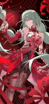 Rule 34 | 1girl, absurdres, bandage over one eye, bandaged arm, bandages, bare shoulders, black pantyhose, black skirt, blood, bloody tears, braid, breasts, commentary request, detached sleeves, dress, earrings, fingernails, flower, grey eyes, grey hair, halter dress, halterneck, highres, holding, holding flower, jewelry, long hair, low twin braids, medium breasts, nail polish, pantyhose, parted lips, phrolova (wuthering waves), red dress, red flower, red nails, red petals, rena (rena emc2), revision, single detached sleeve, skirt, solo, spider lily, tacet mark (wuthering waves), twin braids, wuthering waves