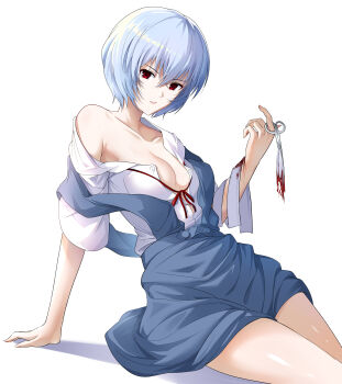 1girl absurdres arm_support ayanami_rei bandaged_arm bandages blood bloody_bandages blue_dress blue_eyes blue_hair breasts button_gap cleavage collarbone commentary_request curled_fingers dress forceps geez hair_between_eyes highres looking_at_viewer neck_ribbon neon_genesis_evangelion no_bra off_shoulder open_clothes open_shirt parted_lips partial_commentary partially_unbuttoned pinafore_dress red_eyes red_ribbon ribbon school_uniform shadow short-sleeved_sweater short_hair short_sleeves simple_background single_bare_shoulder sitting sleeveless sleeveless_dress solo sweater white_background