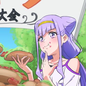 Rule 34 | 1girl, :t, casual, closed mouth, clothing cutout, commentary, day, double bun, eating, eating contest, food, food on face, hair bun, hair tie, hairband, holding, holding food, hot dog, hugtto! precure, long hair, low twintails, nukosann, outdoors, precure, purple eyes, purple hair, purple shirt, ruru amour, shirt, shoulder cutout, sidelocks, smile, solo, twintails, yellow hairband