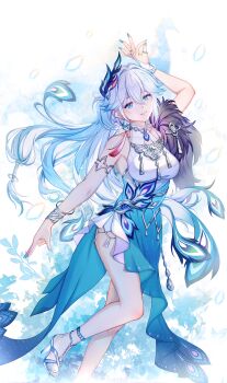 1girl absurdres aqua_nails arm_up bare_shoulders blue_eyes blue_hair blue_nails bracelet breasts changmingsuo chinese_commentary commentary_request dress earrings feathers fur_trim gradient_hair hair_between_eyes hair_ornament high_heels highres honkai:_star_rail honkai_(series) jewelry long_hair looking_at_viewer multicolored_hair nail_polish one_side_up ponytail sandals smile solo standing standing_on_one_leg toenail_polish toenails white_background white_hair yao_guang_(honkai:_star_rail) zhuguang_xu