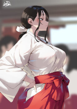 Rule 34 | 4girls, black hair, blurry, blurry background, breasts, commentary request, hakama, japanese clothes, jonsun, kimono, large breasts, miko, multiple girls, original, red hakama, sidelocks, signature, solo focus, white kimono