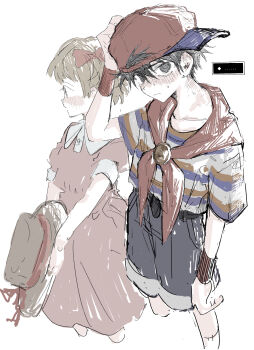 Rule 34 | 1boy, 1girl, absurdres, ana (mother), baseball cap, black eyes, black hair, black shorts, blush, bow, brown hair, commentary request, cowboy shot, cropped legs, dress, hair bow, hat, highres, holding, holding unworn clothes, holding unworn hat, looking at viewer, looking to the side, male focus, mother (series), mother 1, neckerchief, ninten, nintendo, pink bow, pink dress, red hat, red neckerchief, shirt, short hair, shorts, sideways hat, striped clothes, striped shirt, unworn hat, unworn headwear, wa noko, wristband
