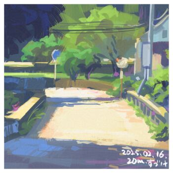 border bridge building commentary_request dated day no_humans one-hour_drawing_challenge original outdoors power_lines road road_sign scenery sign suzuke tree utility_pole white_border