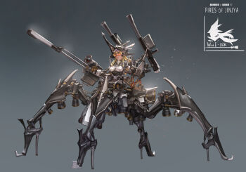 1girl absurdres arm_cannon armored_core armored_core_vi:_fires_of_rubicon blonde_hair braid breasts closed_mouth commentary_request cookie_(touhou) copyright_name d_tomoki dual_arm_cannons extra_legs full_body grey_background hat highres holding holding_weapon kirisame_marisa long_hair looking_at_viewer mecha_musume mechanization medium_breasts rocket_launcher side_braid single_braid smile solo standing touhou uzuki_(cookie) weapon yellow_eyes