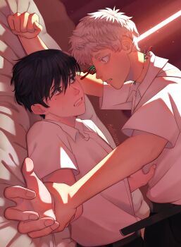 2boys absurdres artist_name belt black_belt black_hair black_pants body_horror boy_on_top clenched_teeth collared_shirt commentary english_commentary eye_contact fang fingernails grey_eyes highres hikaru_ga_shinda_natsu holding_another&#039;s_wrist indou_hikaru looking_at_another maethoriann male_focus mole mole_on_neck mole_under_eye mole_under_mouth multiple_boys multiple_moles on_bed oversized_belt pants red_pupils scared shirt short_eyebrows short_hair short_sleeves slit_pupils sweat teeth tsujinaka_yoshiki white_hair white_shirt yaoi
