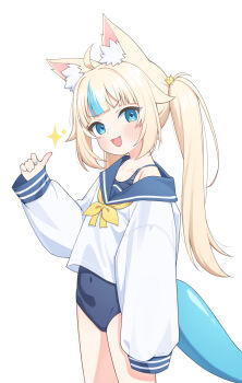 Rule 34 | 1girl, :d, absurdres, ahoge, animal ear fluff, animal ears, blonde hair, blue eyes, blue nails, blue streaks, blunt bangs, blush, cat ears, commentary request, covered navel, fang, fins, fish girl, fish tail, highres, indie virtual youtuber, korean commentary, long hair, looking at viewer, multicolored hair, nail polish, one-piece swimsuit, open mouth, oversized clothes, sailor collar, sailor shirt, sameko saba, shirt, sidelocks, single sleeve past fingers, sleeves past wrists, smile, solo, sparkle, streaked hair, swimsuit, tail, thumbs up, twintails, ugaaaa1, virtual youtuber