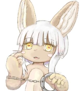 10s artist_request brown_eyes rabbit furry handcuffed made_in_abyss nanachi_(made_in_abyss) open_mouth smile white_hair