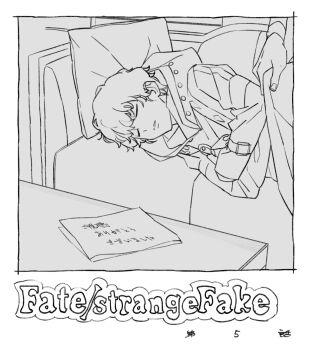 Rule 34 | 1boy, closed eyes, couch, episode number, fate/strange fake, fate (series), greyscale, hashtag-only commentary, jacket, male focus, monochrome, morii shizuki, on couch, short hair, sigma (fate), sleeping, solo