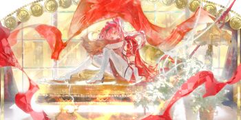 1girl absurdres boots breasts hairband high_heel_boots high_heels highres knees_up long_hair looking_at_viewer looking_to_the_side lupa_(wuthering_waves) medium_breasts metal_hairband mian_tu_qiu pink_hair red_sash sash sitting solo tacet_mark_(wuthering_waves) tail thigh_boots white_boots wide_shot wolf_tail wuthering_waves yellow_eyes