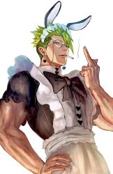 Rule 34 | 1boy, achilles (fate), animal ears, ao (en6gtl), apron, black bow, black bowtie, bow, bowtie, cigarette, cowboy shot, earrings, eyewear strap, fate/grand order, fate (series), frilled apron, frilled shirt, frills, glasses, green hair, heart, heart earrings, heart print, jewelry, looking at viewer, maid, maid headdress, male focus, middle finger, muscular, muscular male, rabbit ears, shirt, short hair, simple background, smoking, solo, undercut, white background, yellow eyes