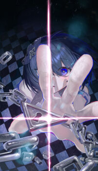 Rule 34 | 1girl, absurdres, blue eyes, blue hair, bob cut, chain, checkered floor, commentary request, dress, duoyun de tiankong, fingerprint, from above, glowing, highres, honkai (series), honkai impact 3rd, lock, looking at viewer, open mouth, outstretched hand, seele vollerei, seele vollerei (stygian nymph), solo, white dress