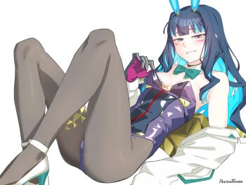 1girl animal_ears bare_shoulders belt black_gloves black_hair black_leotard blue_hair bow bowtie breasts brown_pantyhose colored_inner_hair dantonphanton detached_collar eyeliner fake_animal_ears fate/grand_order fate_(series) gloves grey_eyes grin high_heels highleg highleg_leotard jacket leotard long_hair long_sleeves looking_at_viewer lying makeup multicolored_hair multicolored_jacket off_shoulder pantyhose playboy_bunny rabbit_ears red_gloves sidelocks small_breasts smile solo tenochtitlan_(fate) tenochtitlan_(swimsuit_mooncancer)_(fate) tenochtitlan_(swimsuit_mooncancer)_(third_ascension)_(fate) thighs two-tone_jacket white_jacket yellow_jacket