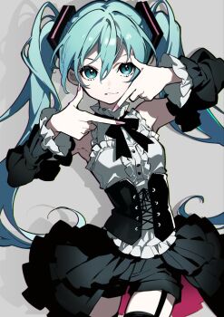 1girl alternate_costume aqua_eyes aqua_hair arms_up black_corset black_garter_straps black_skirt corset cowboy_shot detached_sleeves drop_shadow finger_frame fingernails frilled_shirt frilled_shirt_collar frills garter_straps grey_background hair_between_eyes hatsune_miku hatsutahaku high_collar long_hair looking_at_viewer original parted_lips pink_nails sharp_fingernails shirt skirt smile vocaloid white_shirt