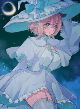 absurdres animal_ears belt blonde_hair blue_belt closed_mouth copyright_request crescent_moon dress garter_straps green_eyes hair_between_eyes hair_ribbon hand_on_headwear hat hat_ribbon highres kokomi_(aniesuakkaman) light_blush light_smile moon nimi_nightmare ribbon short_cape tapir_ears thighhighs virtual_youtuber white_dress white_thighhighs witch_hat
