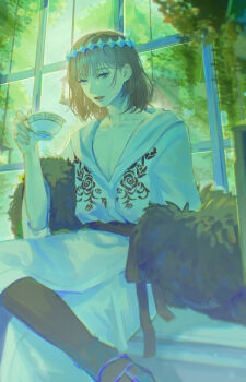 Rule 34 | 1boy, absurdres, black fur, commentary, cup, fate/grand order, fate (series), floral print, highres, holding, holding cup, oberon (fate), oberon (third ascension) (fate), short hair, signature, solo, suidrawsui, teacup