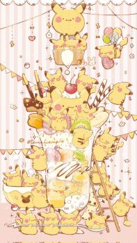 balloon brown_background carrying character-themed_food cherry chocolate_syrup commentary_request cup ditto flying_pikachu food food_focus fruit garland_(decoration) gen_1_pokemon gen_7_pokemon highres holding holding_food holding_fruit holding_spoon in_container in_cup in_food kiwi_(fruit) kiwi_slice ladder mimikyu nintendo no_humans oversized_object parfait pikachu poke_ball poke_ball_(basic) pokemon pokemon_(creature) pokemon_focus sharing sleeping sparkle spoon steam strawberry strawberry_slice striped_background teacup temariame14 too_many too_many_pikachu towel towel_on_head transformed_ditto vertical-striped_background