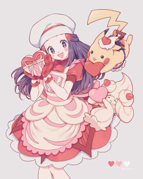 Rule 34 | 1girl, alcremie, alcremie (strawberry sweet), apron, blue eyes, blush, box, box of chocolates, chef hat, closed mouth, commentary request, dawn (palentine's 2021) (pokemon), dawn (pokemon), dress, gen 1 pokemon, gen 8 pokemon, gloves, hair ornament, hairclip, happy, hat, heart, highres, holding, komasawa (fmn-ppp), long hair, nintendo, open mouth, pikachu, pikachu (assorted chocolates 2024), pink apron, pokemon, pokemon (creature), pokemon masters ex, puffy sleeves, red dress, short sleeves, smile, standing, valentine