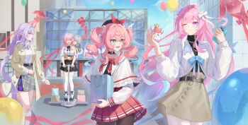 5girls ;) absurdres aqua_hair bag balloon beret black_pantyhose black_skirt blue_hairband blue_sky breasts brown_coat brown_skirt castorice_(honkai:_star_rail) coat commentary_request cyrene_(honkai:_star_rail) cyrene_(ripples_of_past_reverie)_(honkai:_star_rail) diamond-shaped_pupils diamond_(shape) evernight_(honkai:_star_rail) evey_(honkai:_star_rail) grey_hair hairband hat highres holding holding_bag honkai:_star_rail honkai_(series) hug hug_from_behind hyacine_(honkai:_star_rail) jellyfish little_ica_(honkai:_star_rail) long_hair march_7th_(honkai:_star_rail) medium_breasts multicolored_hair multiple_girls one_eye_closed pantyhose pink_hair pointy_ears purple_eyes purple_hair purple_skirt red_skirt shirt skirt sky smile stelle_(honkai:_star_rail) sweater symbol-shaped_pupils thighhighs thighs trailblazer_(honkai:_star_rail) twintails two-tone_hair very_long_hair w-baiye white_coat white_hair white_pantyhose white_shirt white_sweater white_thighhighs