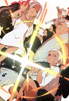 1girl 4boys adjusting_hair black_shirt black_wings blood dark_skin dress earrings empty_eyes feathered_wings fire frown green_blood hat highres holding holding_sword holding_weapon jewelry long_hair looking_at_viewer multiple_boys one_piece photokinesis pointing purple_eyes s-bear s-crocodile s-hawk s-shark s-snake scar scar_on_face seraphim_(one_piece) shirt short_dress short_hair sleeveless sleeveless_dress snake_earrings squatting star-shaped_pupils star_(symbol) sword symbol-shaped_pupils tanaka_(tanakya123) tusks weapon white_dress white_hair white_hat white_shirt wings yellow_eyes