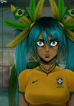 1girl 2014_fifa_world_cup alternate_breast_size_(larger) bead_necklace beads blue_eyes blue_hair brazilian_flag brazilian_miku breasts brown_lips choker commentary constricted_pupils dark-skinned_female dark_skin earrings english_commentary expressionless eyeshadow facepaint feather_hair_ornament feathers flag_hair_ornament gold_earrings green_choker green_eyeshadow hair_between_eyes hair_ornament hatsune_miku highres jewelry long_eyelashes makeup mascara medium_breasts necklace nike_(company) nyuunzi pursed_lips rain rectangular_earrings reflection shirt sitting soccer_uniform solo sportswear thick_eyebrows thousand_yard_stare twintails vocaloid when_you_see_it window world_cup yellow_shirt