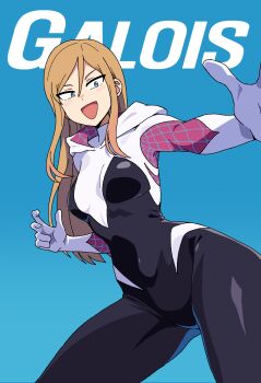 1girl artist_name blonde_hair blue_background blue_eyes bodysuit breasts commentary cosplay cowboy_shot galois hair_between_eyes highres hood hood_down long_hair marvel medium_breasts odyssey_(galois) open_mouth seong_eun-ha smile solo spider-gwen spider-gwen_(cosplay) spider-man_(series) superhero_costume turtleneck turtleneck_bodysuit white_hood