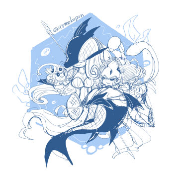 48mokopon ancientmermaimon armor calamaramon digimon digimon_(creature) fins frog_girl head_fins helmet long_hair looking_at_another mask monster_girl purple_hair ranamon scale_armor scales smile squid_girl tentacles