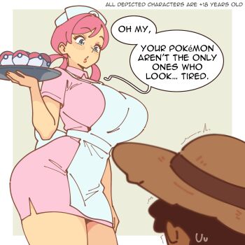 1boy 1girl absurdres alternate_breast_size_(larger) apron arm_at_side black_hair blue_eyes blurry blush border breasts collared_dress commentary cowboy_shot depth_of_field dress english_commentary english_text hair_rings hand_up hat highres holding holding_tray large_breasts legs_together looking_at_another mayu_naisu nintendo nurse nurse_cap nurse_joy outside_border pencil_dress pink_dress pink_hair poke_ball pokemon short_dress short_sleeves standing straw_hat sweatdrop tray trembling white_apron white_border yellow_background