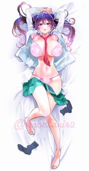 1girl arms_up artist_name barefoot between_breasts black_socks bra breasts brown_eyes brown_hair commentary_request double_bun full_body green_skirt hair_bun highres kabaya_yumiko kakunaru_ue_wa knee_up long_hair looking_at_viewer lying miyamoto_niina navel necktie necktie_between_breasts on_back open_clothes open_shirt panties parted_lips pink_bra pink_panties red_necktie school_uniform shirt skirt socks solo twintails twitter_username underwear unworn_socks watermark white_background white_shirt