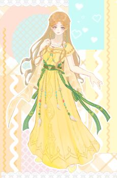 Rule 34 | 1girl, absurdres, brown eyes, brown hair, chinese commentary, closed mouth, colorful background, commentary request, dress, expressionless, eyelashes, full body, green sash, hand on own shoulder, heart, highres, infinity nikki, jewelry, lipstick, long dress, long hair, long sidelocks, luoyuzhanhua, makeup, native american clothes, necklace, nikki (series), outline, patchworks, pink lips, pleated dress, sash, short sleeves, sidelocks, solo, standing, stylist (nikki), tareme, tassel, very long hair, waist sash, wavy hair, white outline, yellow dress