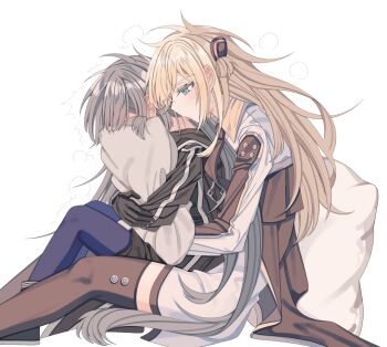 2girls ^^^ aqua_eyes blonde_hair blush brown_necktie collared_dress commentary_request dress duel_monster ear_blush emptyayya gloves grey_hair highres holding holding_another's_waist holding_pillow licking licking_another's_neck long_hair long_sleeves multiple_girls necktie pillow simple_background sitting sky_striker_ace_-_raye sky_striker_ace_-_roze thighhighs two-tone_dress white_background yu-gi-oh! yuri