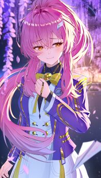 Rule 34 | 1girl, absurdres, aemeath (student) (wuthering waves), aemeath (wuthering waves), bow, bowtie, breasts, chinese commentary, closed mouth, commentary, commentary request, cowboy shot, dress, english commentary, game screenshot background, hair ornament, hand up, highres, holding, jacket, long hair, looking to the side, medium breasts, mixed-language commentary, orange eyes, paper airplane, petals, pink hair, pink petals, ponytail, purple jacket, revision, ritou yukihyou, screenshot background, sideways glance, smile, solo, star-shaped pupils, star (symbol), symbol-shaped pupils, tearing up, white dress, wuthering waves, yellow bow, yellow bowtie